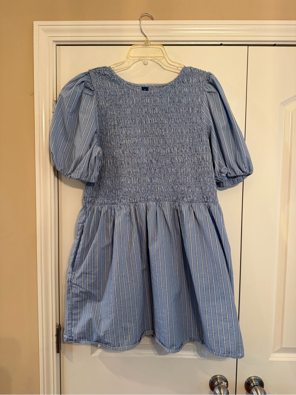 Blue Striped Smocked Puff-Sleeve Dress